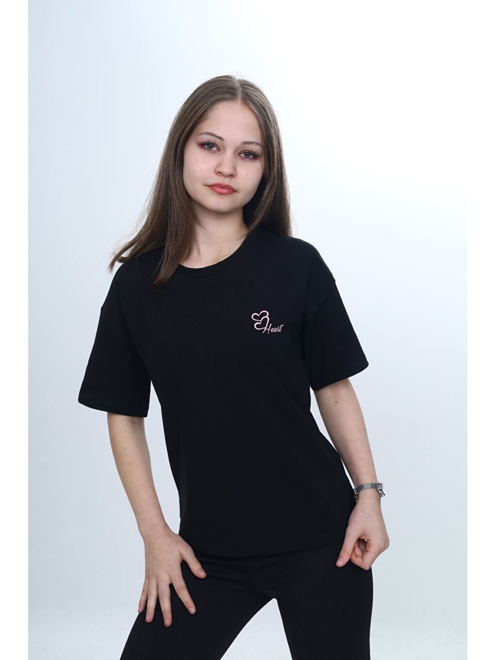 Siyah Kız Çocuk Baskılı Bisiklet Yaka Kısa Kollu Tişört 24970-1