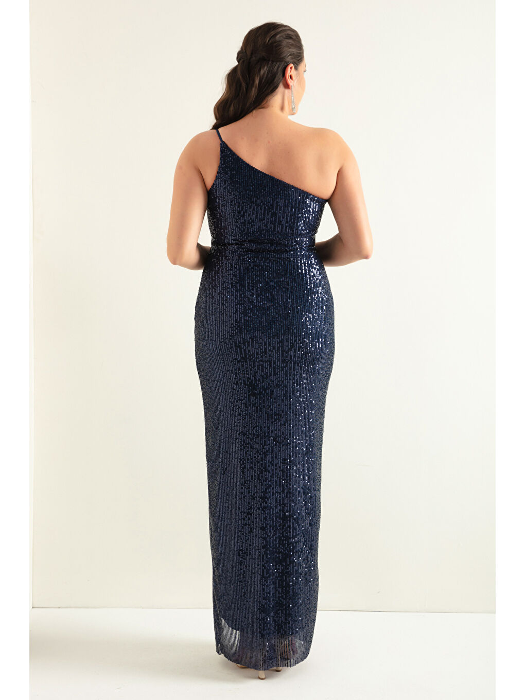 Kadın Lacivert Tek Omuzlu Yırtmaçlı Büyük Beden Uzun Abiye Elbise-4