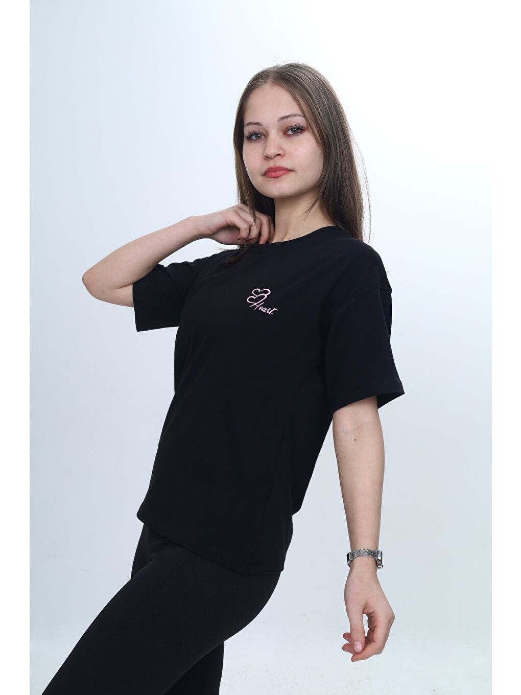 Siyah Kız Çocuk Baskılı Bisiklet Yaka Kısa Kollu Tişört 24970-2