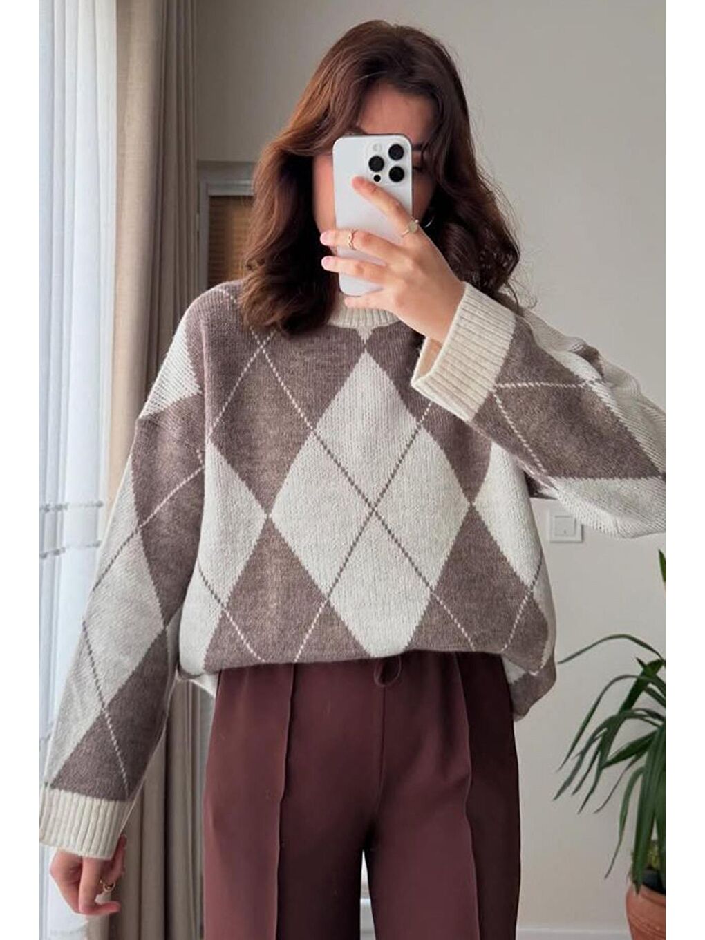 Ekru Baklava Desen Kadın Triko Kazak Mg2190-6