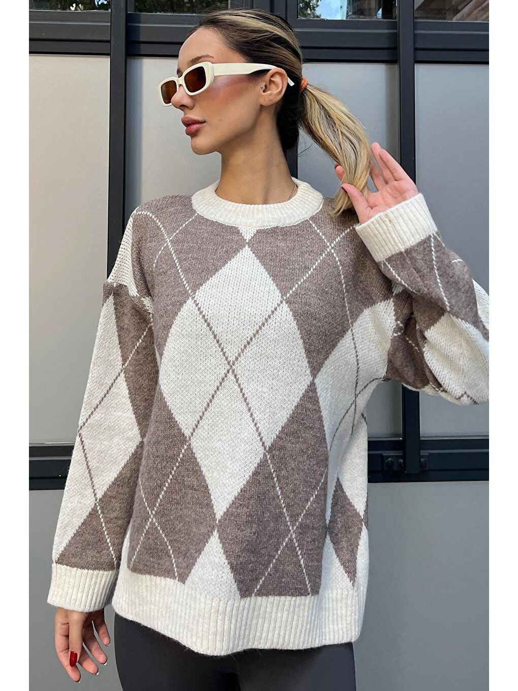 Ekru Baklava Desen Kadın Triko Kazak Mg2190-7