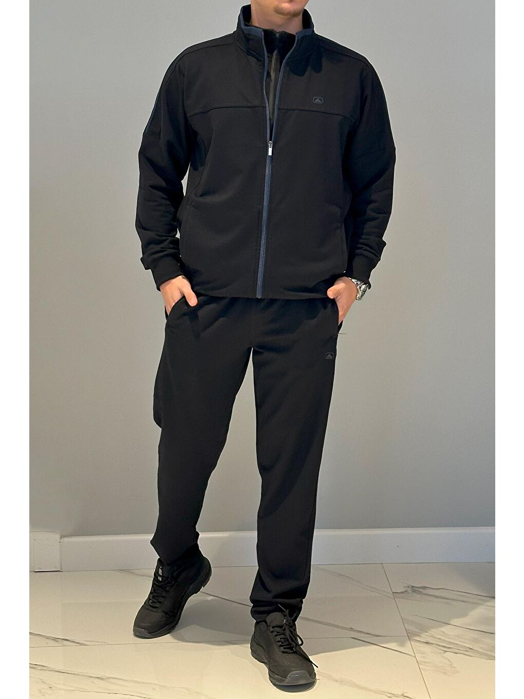 Erkek Likralı Penye Ribana Eşofman Takımı Lacivert-4