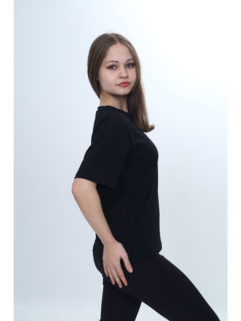 Siyah Kız Çocuk Baskılı Bisiklet Yaka Kısa Kollu Tişört 24970-3