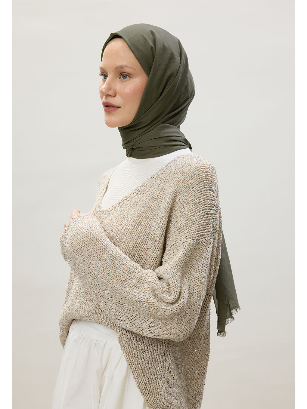 İnce Pamuk Vual Şal Askeri Haki-4