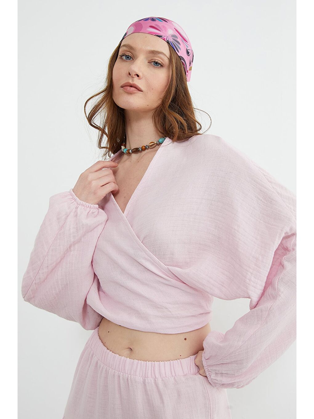 Pembe Önü Bağlamalı Yarasa Kol Bluz