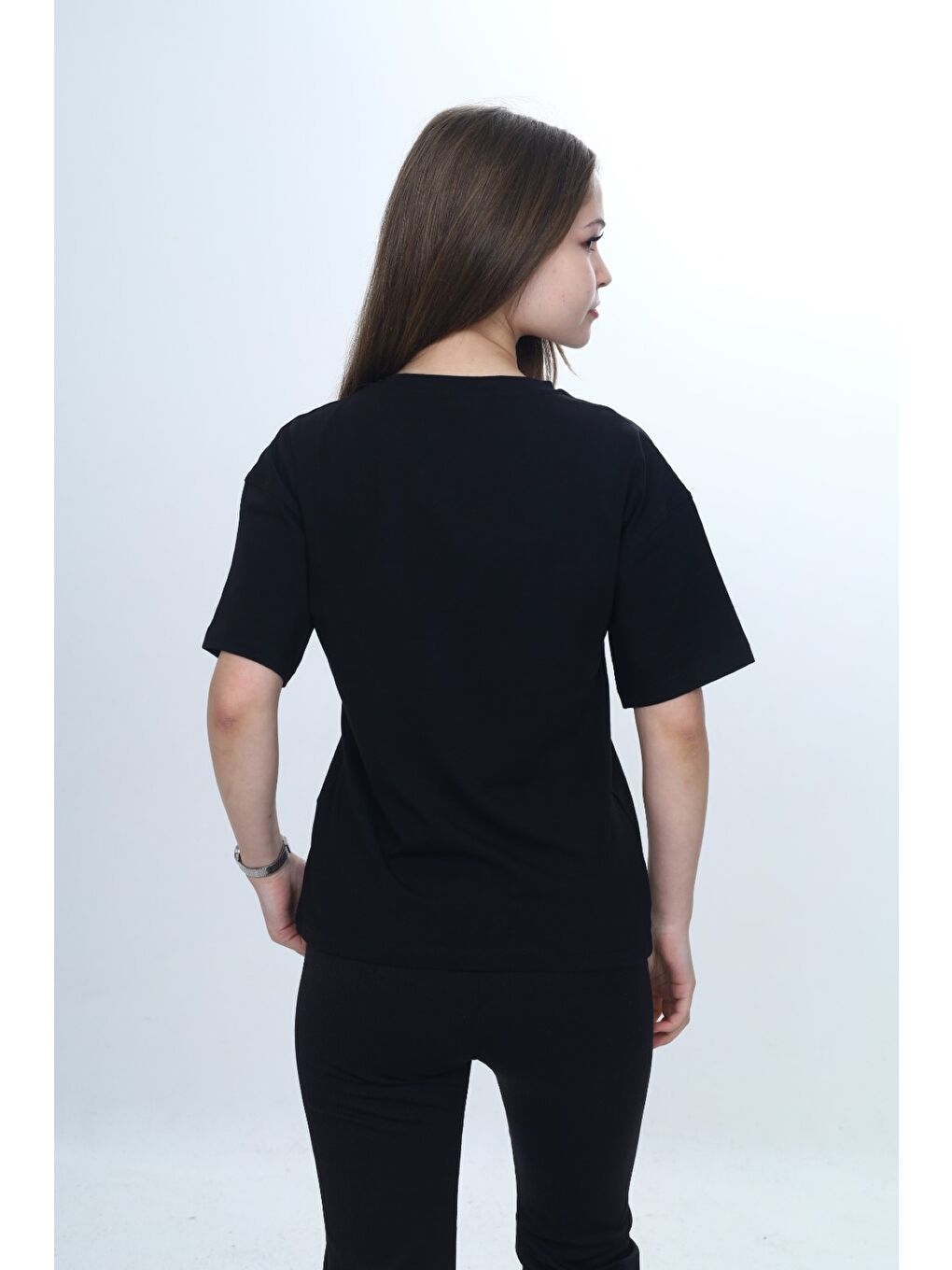 Siyah Kız Çocuk Baskılı Bisiklet Yaka Kısa Kollu Tişört 24970-4