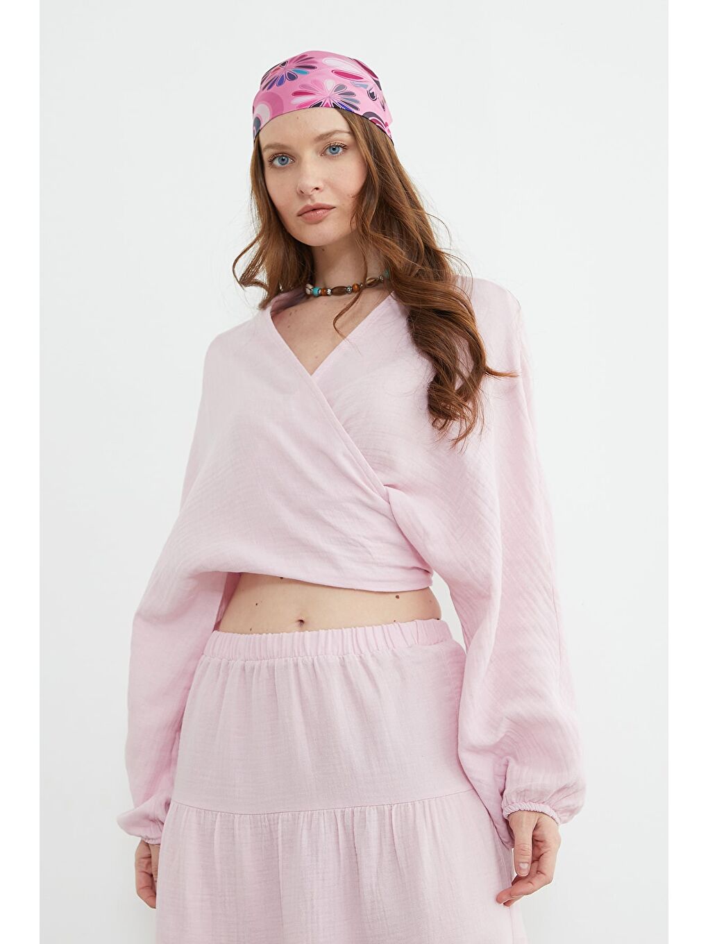 Pembe Önü Bağlamalı Yarasa Kol Bluz-2