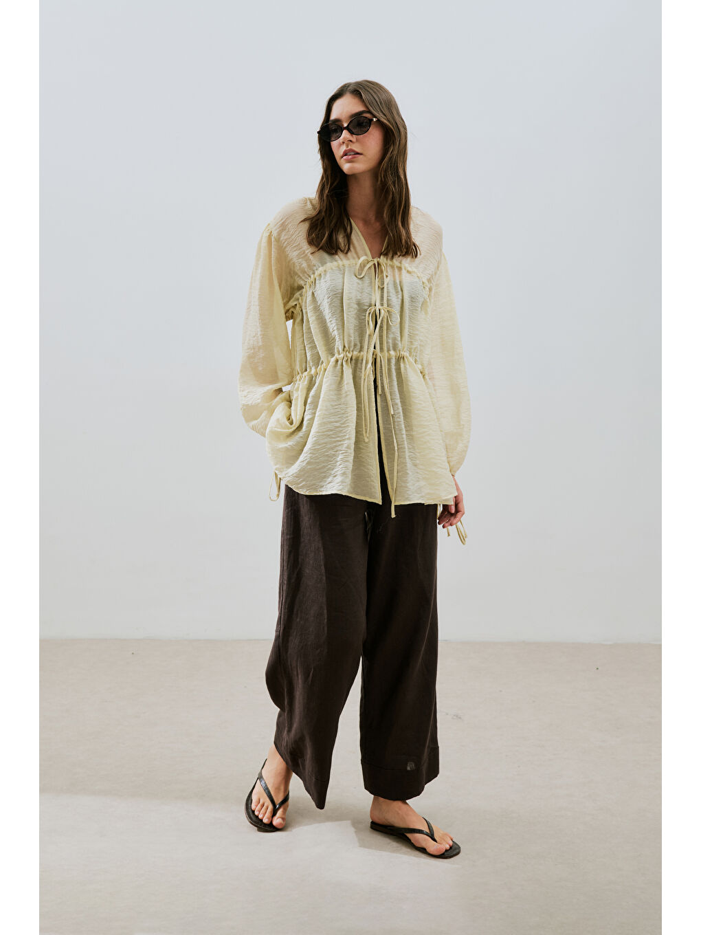 Büzgülü Bağlamalı Bluz Soft Sarı-2