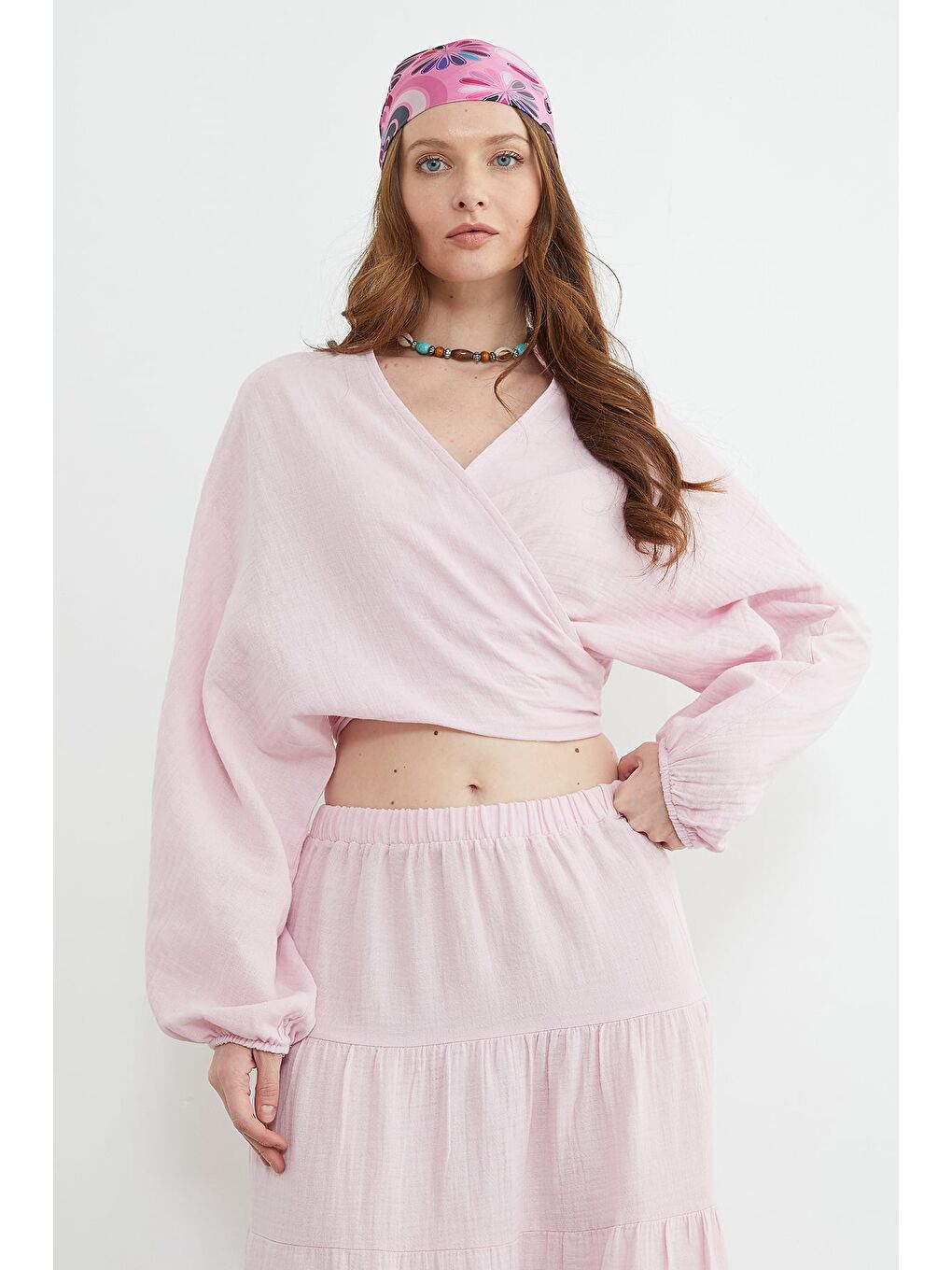 Pembe Önü Bağlamalı Yarasa Kol Bluz-3
