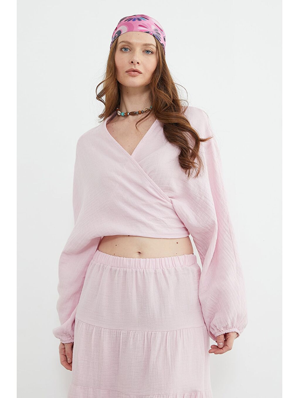 Pembe Önü Bağlamalı Yarasa Kol Bluz-4