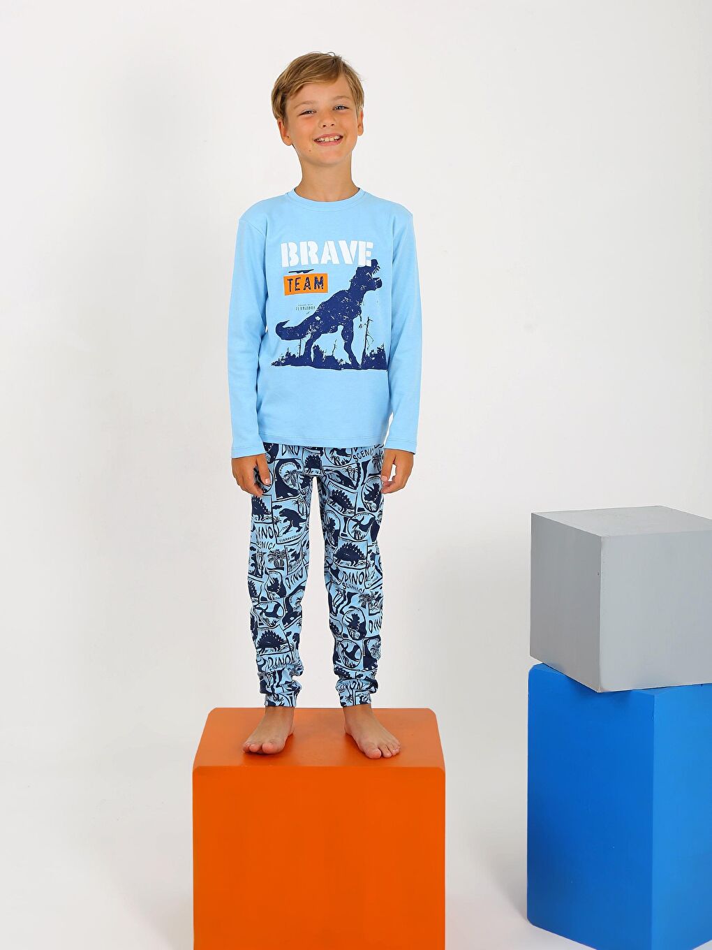 Mavi Erkek Çocuk Uzun Kollu %100 Pamuklu Pijama Takımı Brave-2
