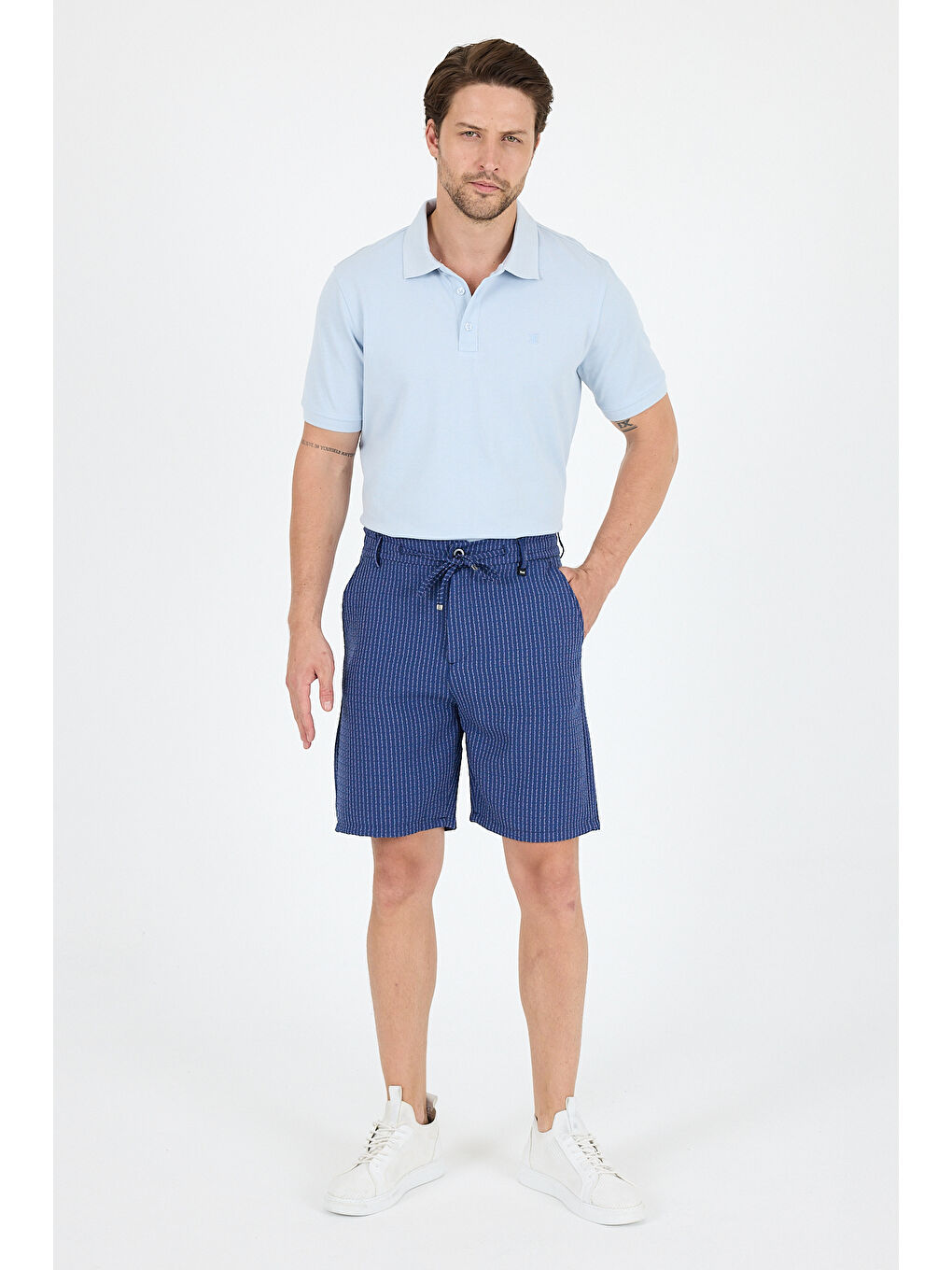 Mavi Erkek Çizgili Cepli Yazlık Şort - Rahat Kalıp Spor ve Günlük Kullanıma Uygun Şort 2314