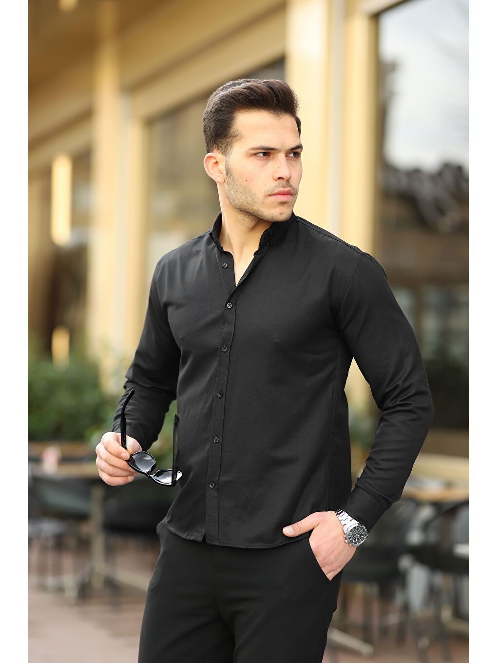 Siyah Erkek Klasik Slim Fit Gömlek-1