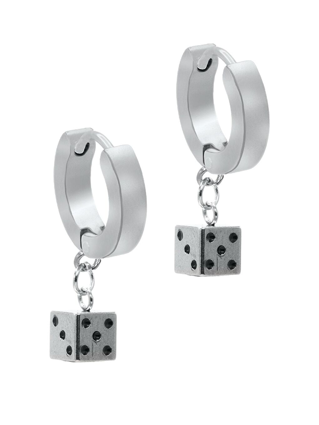 Gri Erkek Gümüş Renk Sallantılı Zar Objeli Çelik Küpe-1