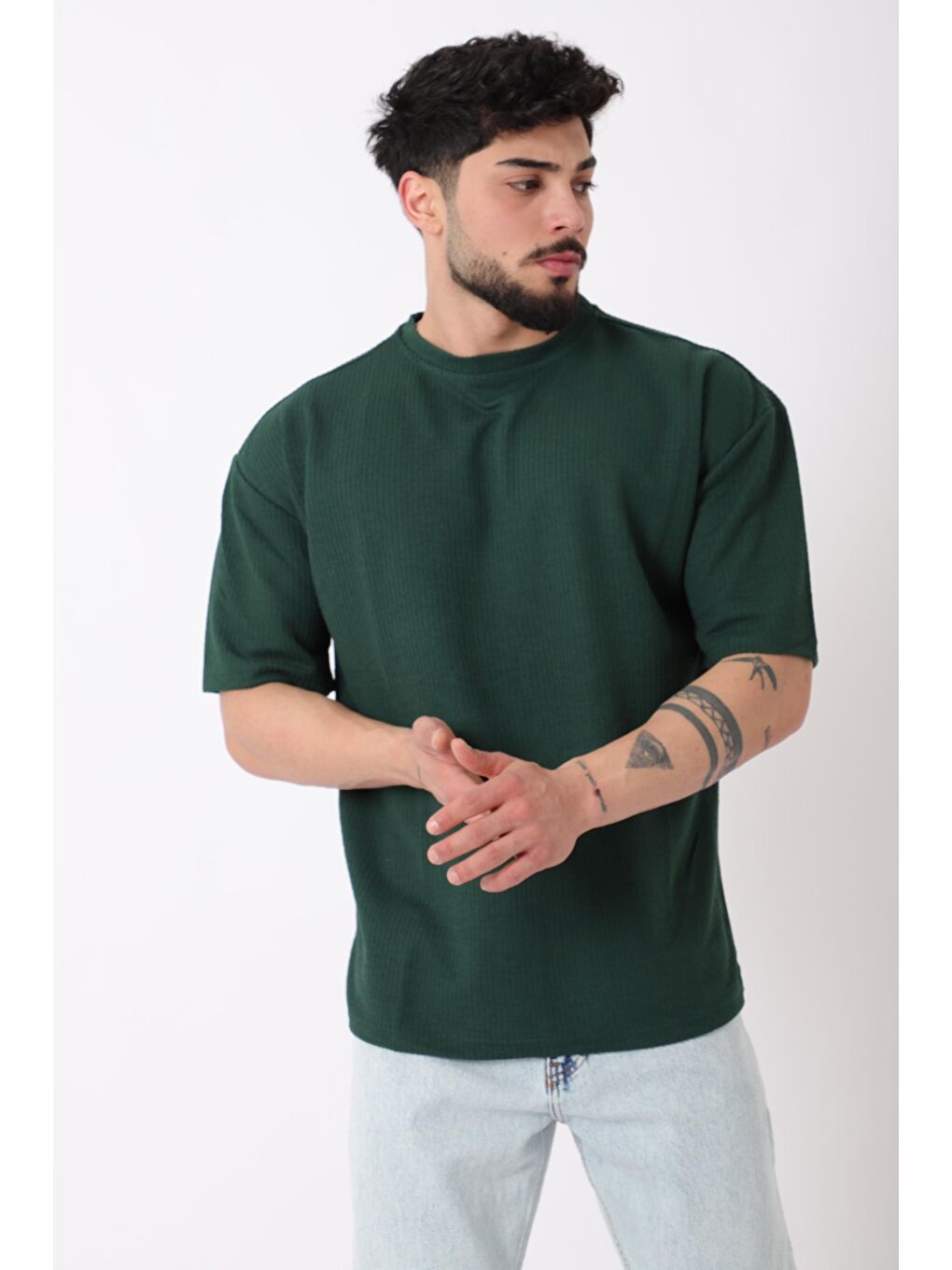 Yeşil Petekli Model Bisiklet Yaka Oversize Tişört STU-2468_30462-1