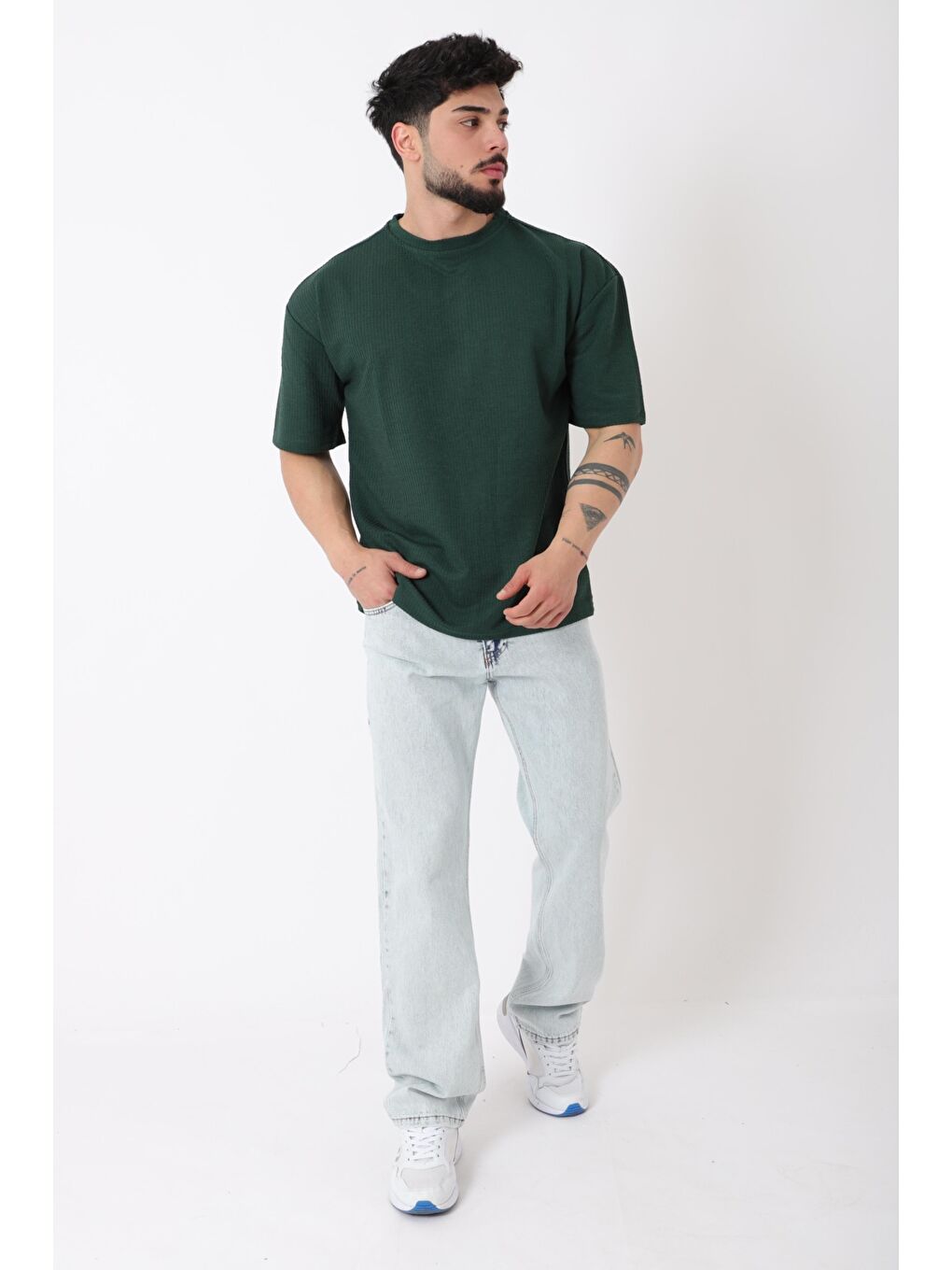 Yeşil Petekli Model Bisiklet Yaka Oversize Tişört STU-2468_30462-2