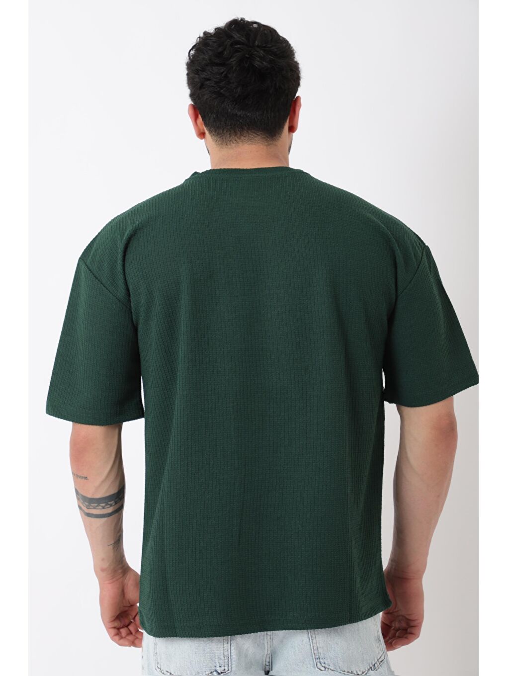 Yeşil Petekli Model Bisiklet Yaka Oversize Tişört STU-2468_30462-3