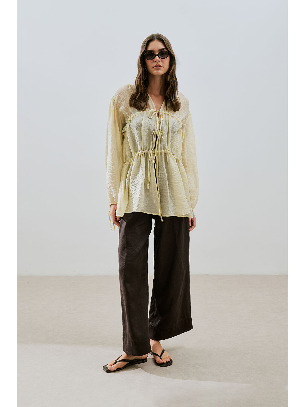 Büzgülü Bağlamalı Bluz Soft Sarı-3