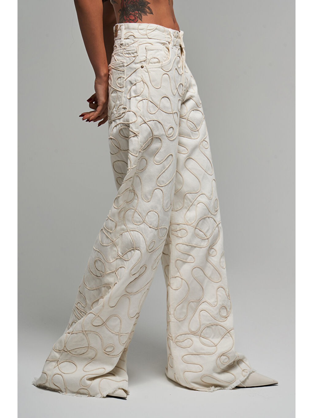 Kadın Ekru Renk 7s5 101 Özel Kumaş  100 Pamuk Palazzo Fit Tasarım Denim Jean