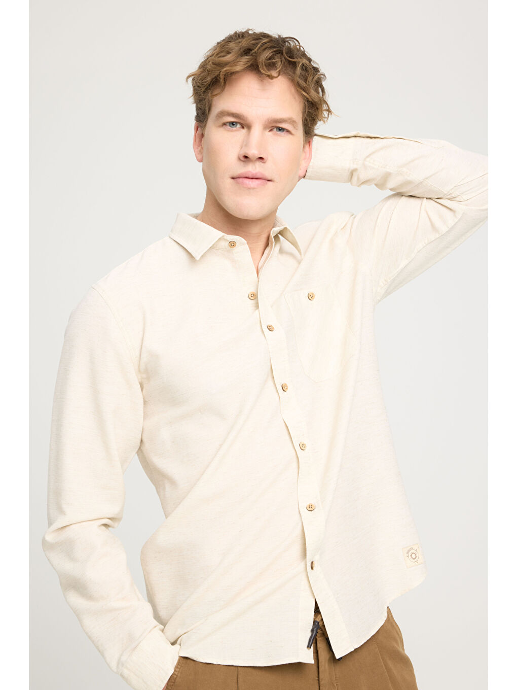 Relaxed Fit Geniş Kesim Bej Gömlek-1