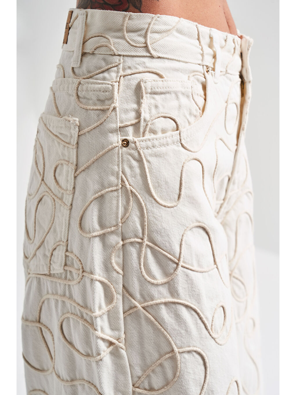 Kadın Ekru Renk 7s5 101 Özel Kumaş  100 Pamuk Palazzo Fit Tasarım Denim Jean-1