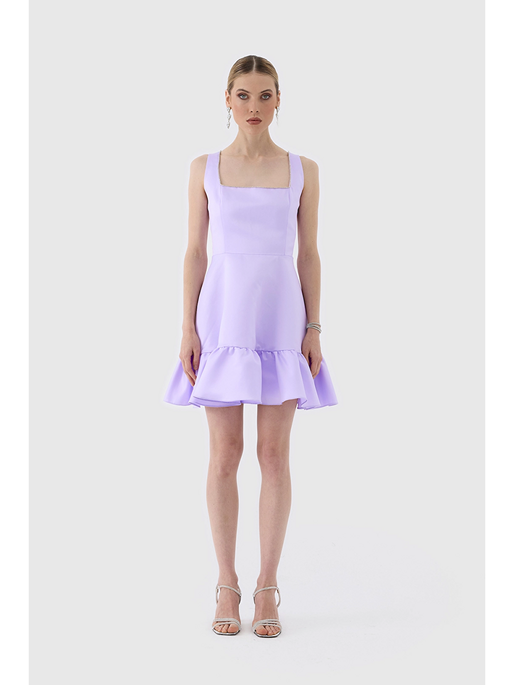 Mor Kare Yaka Kolsuz DizÜstü Etek Fırfırlı Mat Saten Kadın Elbise-2