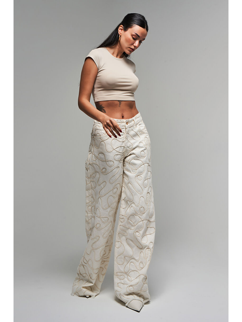 Kadın Ekru Renk 7s5 101 Özel Kumaş  100 Pamuk Palazzo Fit Tasarım Denim Jean-2