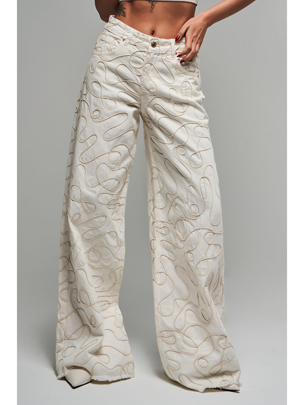 Kadın Ekru Renk 7s5 101 Özel Kumaş  100 Pamuk Palazzo Fit Tasarım Denim Jean-3