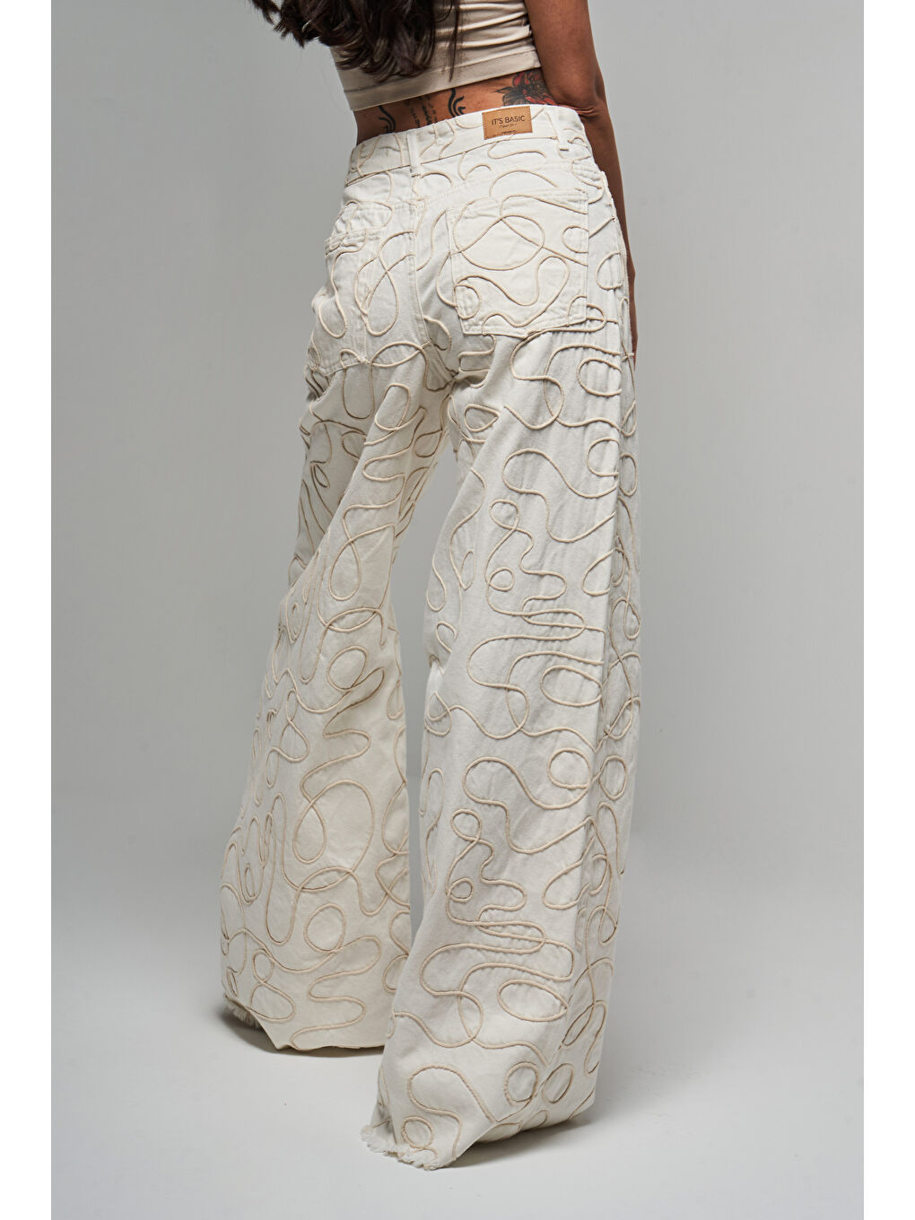 Kadın Ekru Renk 7s5 101 Özel Kumaş  100 Pamuk Palazzo Fit Tasarım Denim Jean-4