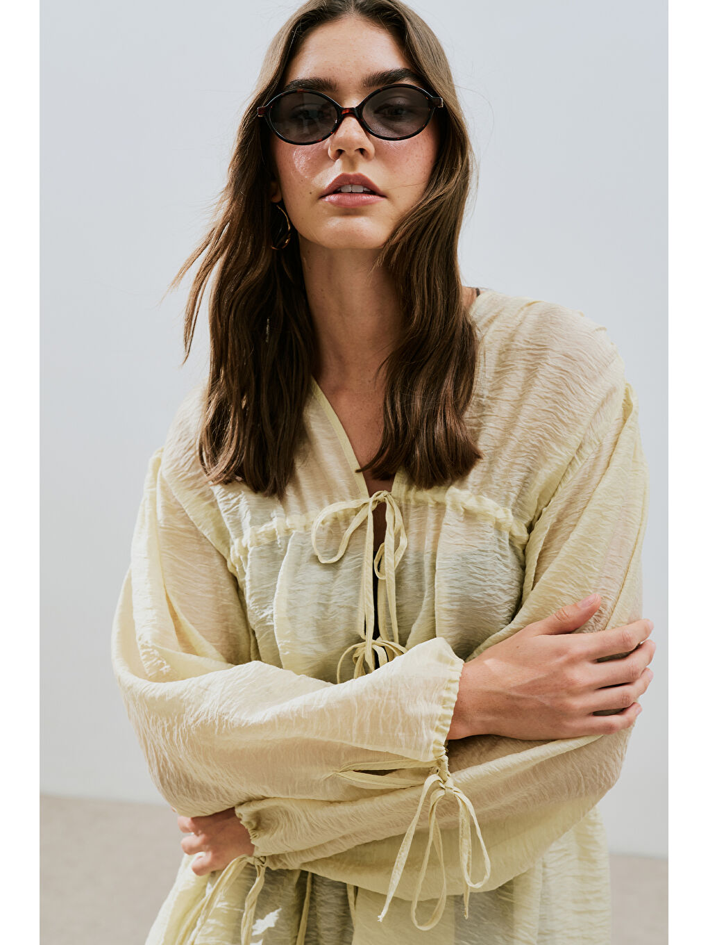 Büzgülü Bağlamalı Bluz Soft Sarı-4