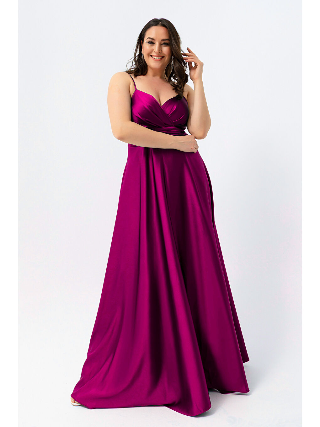 Kadın Mürdüm İp Askılı Büyük Beden Saten Uzun Abiye & Mezuniyet Elbisesi-1