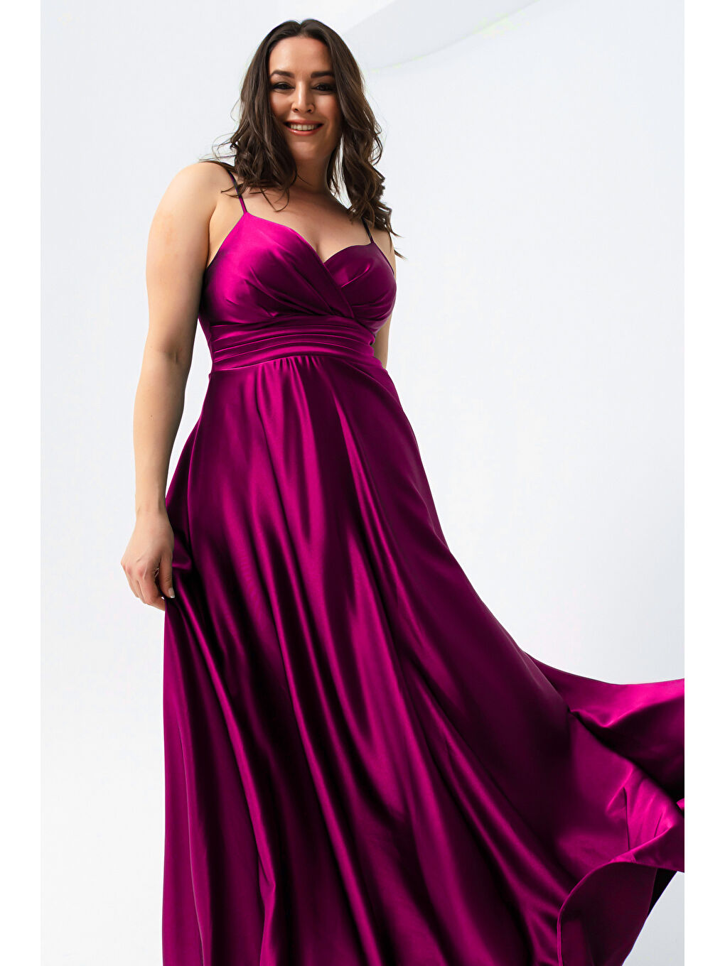 Kadın Mürdüm İp Askılı Büyük Beden Saten Uzun Abiye & Mezuniyet Elbisesi-2