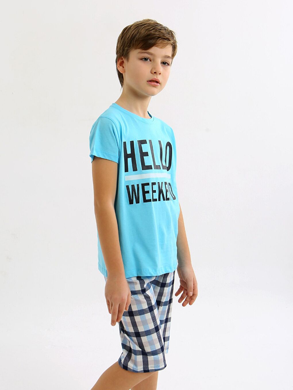 Turkuaz Erkek Çocuk Kısa Kollu Kapri %100 Pamuklu Pijama Takımı Hello Weekend
