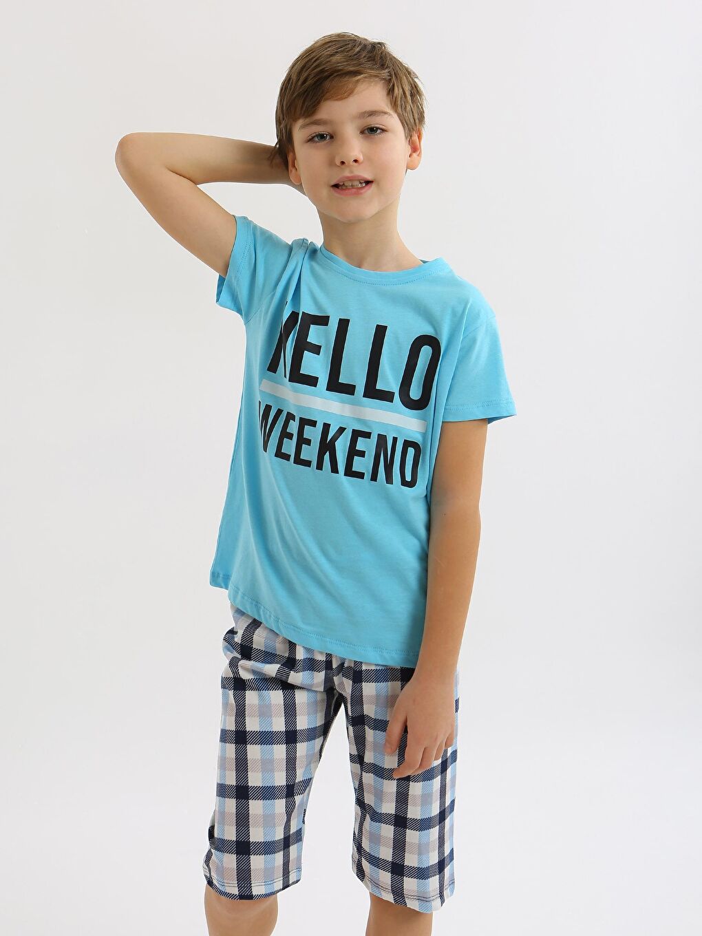 Turkuaz Erkek Çocuk Kısa Kollu Kapri %100 Pamuklu Pijama Takımı Hello Weekend-1