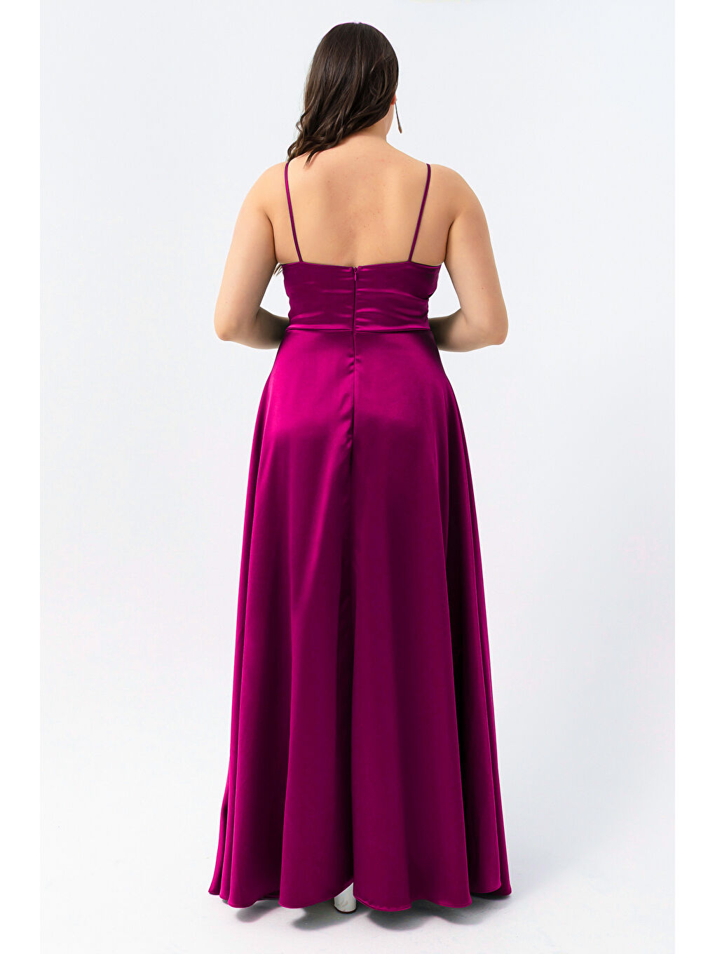 Kadın Mürdüm İp Askılı Büyük Beden Saten Uzun Abiye & Mezuniyet Elbisesi-4