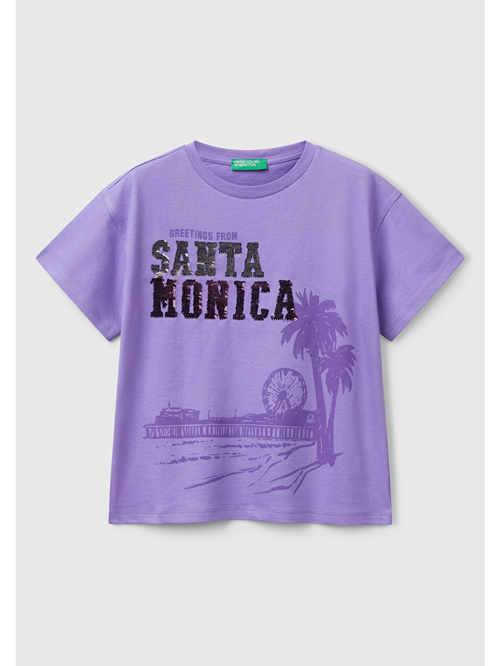 Kız Çocuk Mor Önü Payet İşlemeli Baskılı Tişört