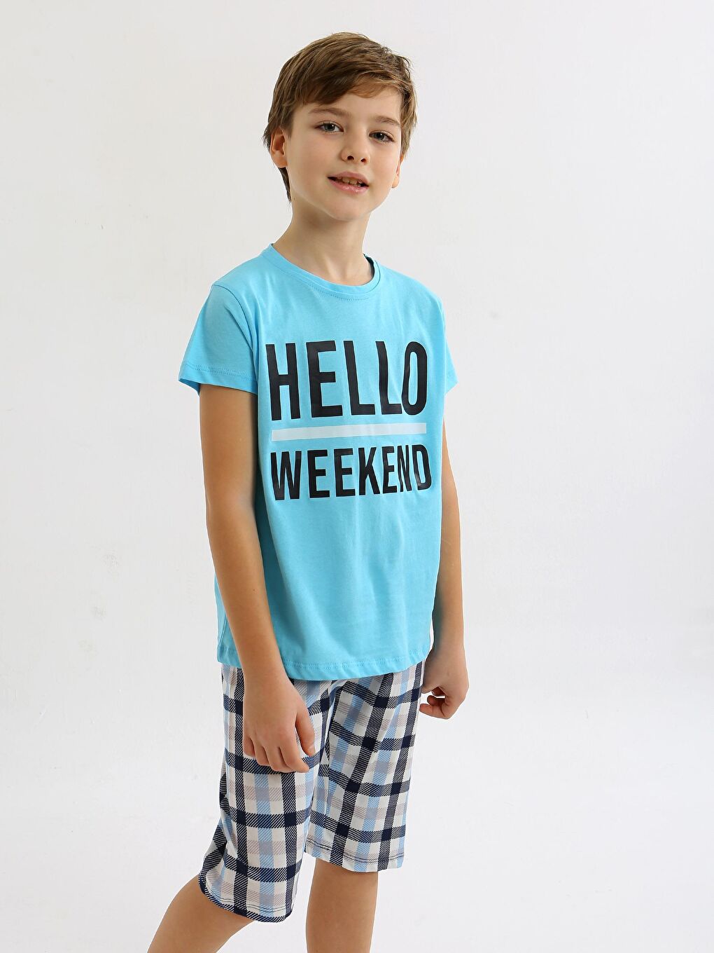 Turkuaz Erkek Çocuk Kısa Kollu Kapri %100 Pamuklu Pijama Takımı Hello Weekend-2