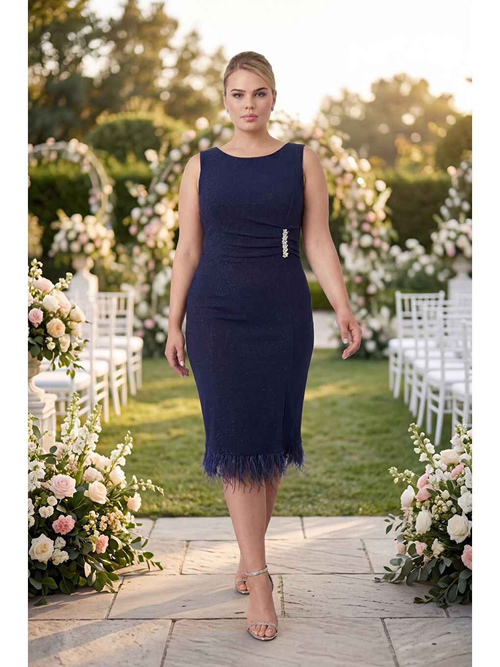 Kadın Lacivert Bisiklet Yaka Taşlı Büyük Beden Abiye Elbise-4