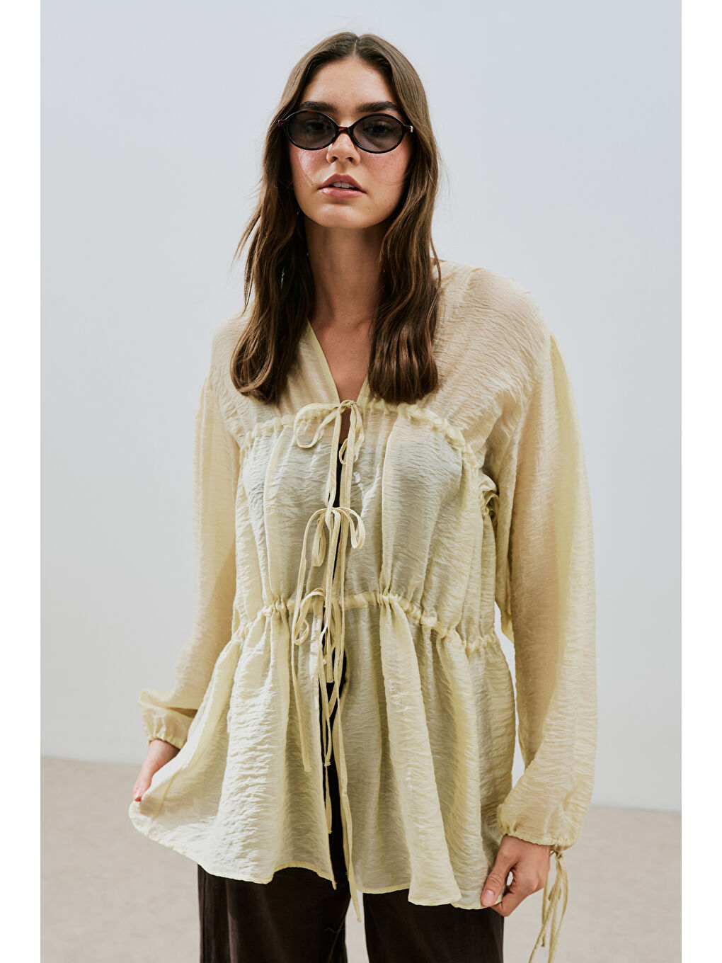 Büzgülü Bağlamalı Bluz Soft Sarı-5