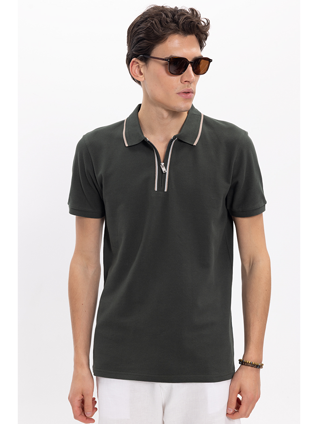 Erkek Slim Fit Dar Kesim %100 Pamuk Kısa Kollu Yarım Fermuarlı Yeşil Polo Yaka Tişört-2