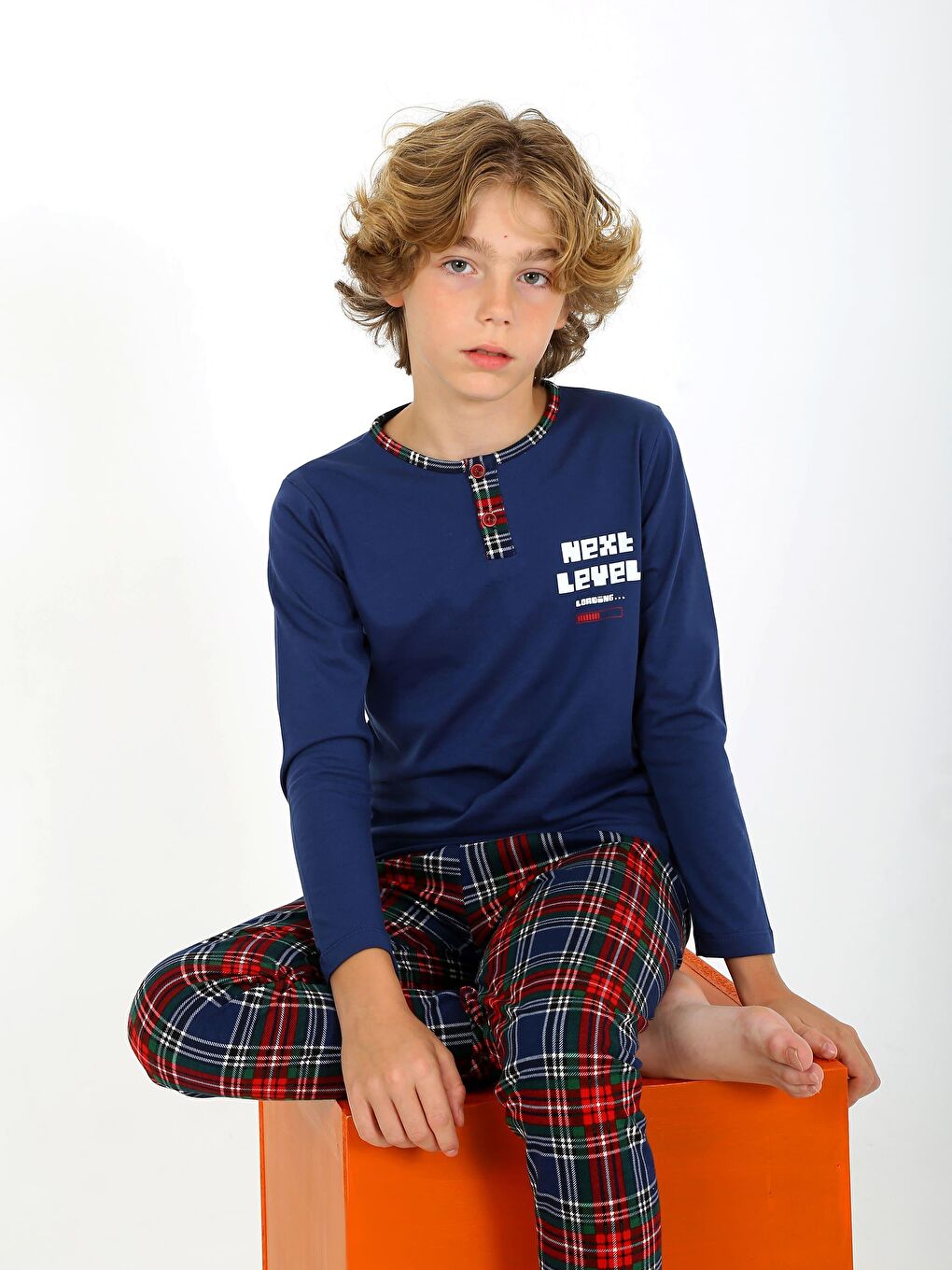 İndigo Erkek Çocuk Uzun Kollu %100 Pamuklu Düğme Detaylı Pijama Takımı Next Level