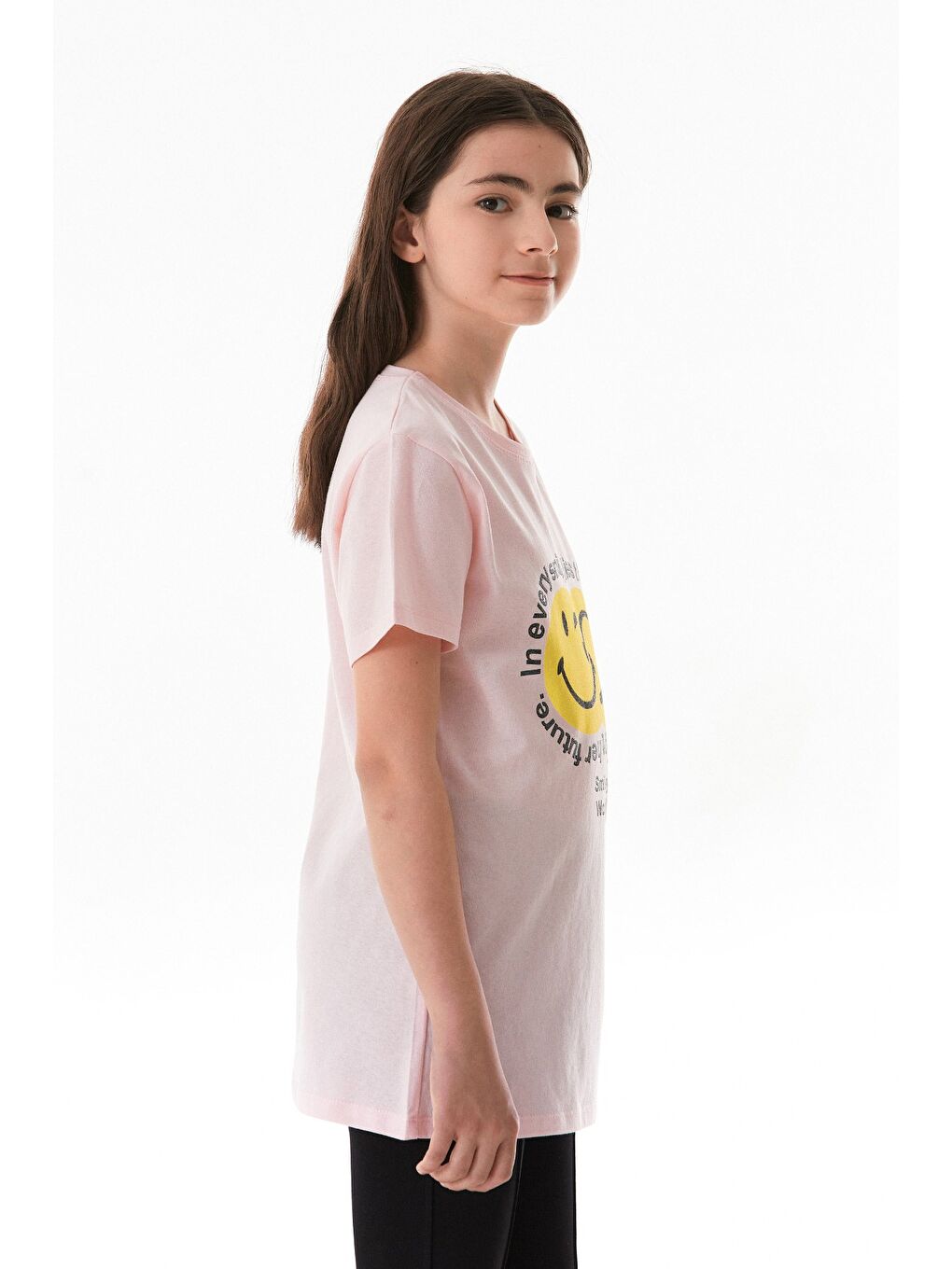 Pembe %100 Pamuk Gülen Yüz Ve Slogan Baskılı Kız Çocuk Tişört-1