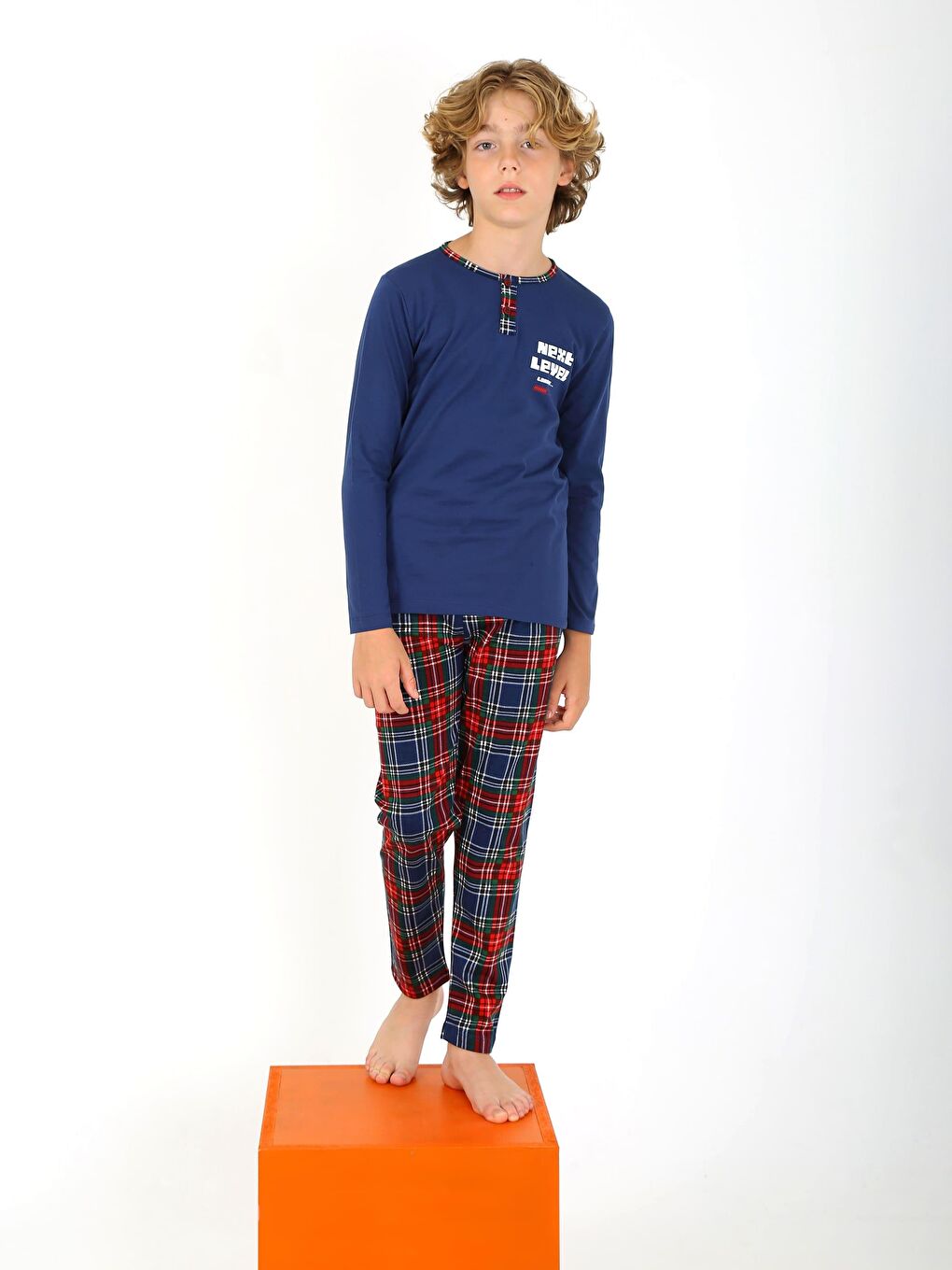 İndigo Erkek Çocuk Uzun Kollu %100 Pamuklu Düğme Detaylı Pijama Takımı Next Level-1