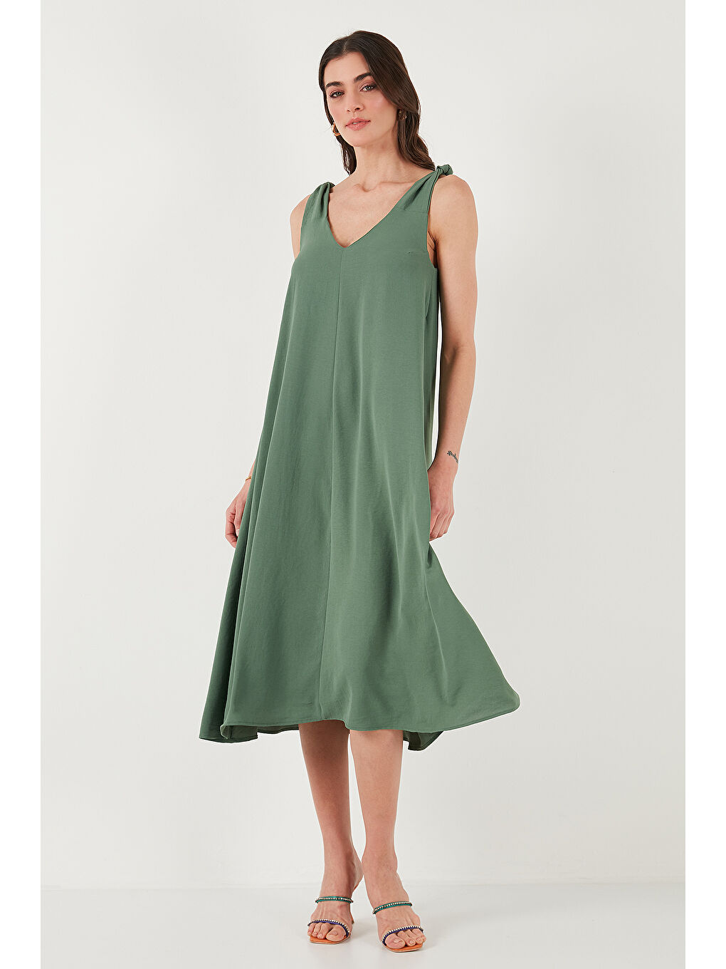 Haki Oversize Fit V Yaka Midi Boy Basic Kadın Elbise 6788688-4