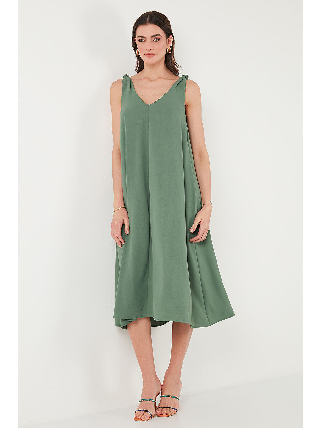 Haki Oversize Fit V Yaka Midi Boy Basic Kadın Elbise 6788688-5