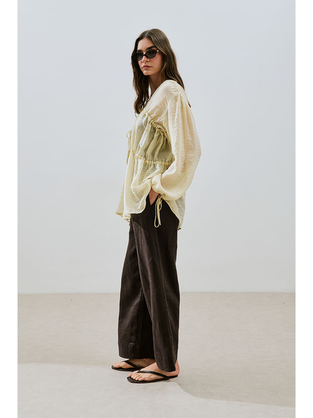 Büzgülü Bağlamalı Bluz Soft Sarı-6