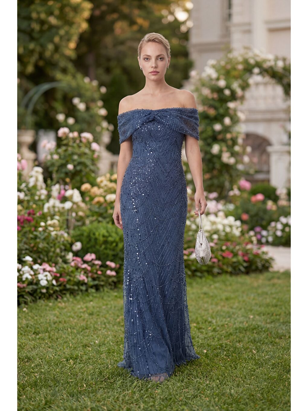 Kadın İndigo Kayık Yaka Boncuklu Uzun Balık Abiye Elbise-3