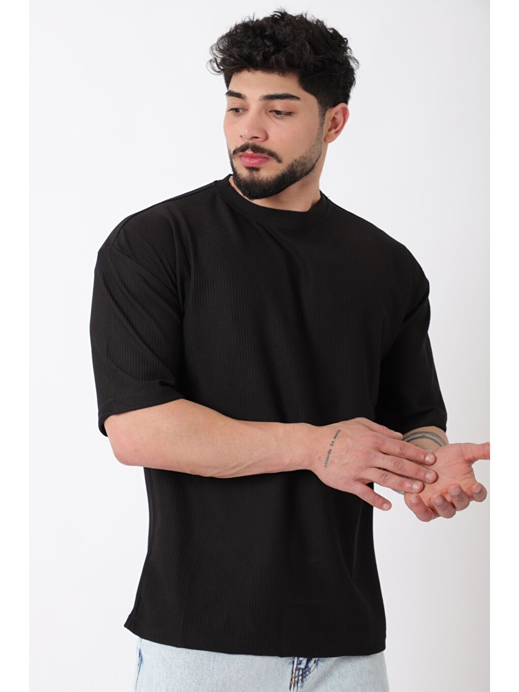 Siyah Çizgili Oversize Bisiklet Yaka %100 Pamuk Tişört STU-2452_30463