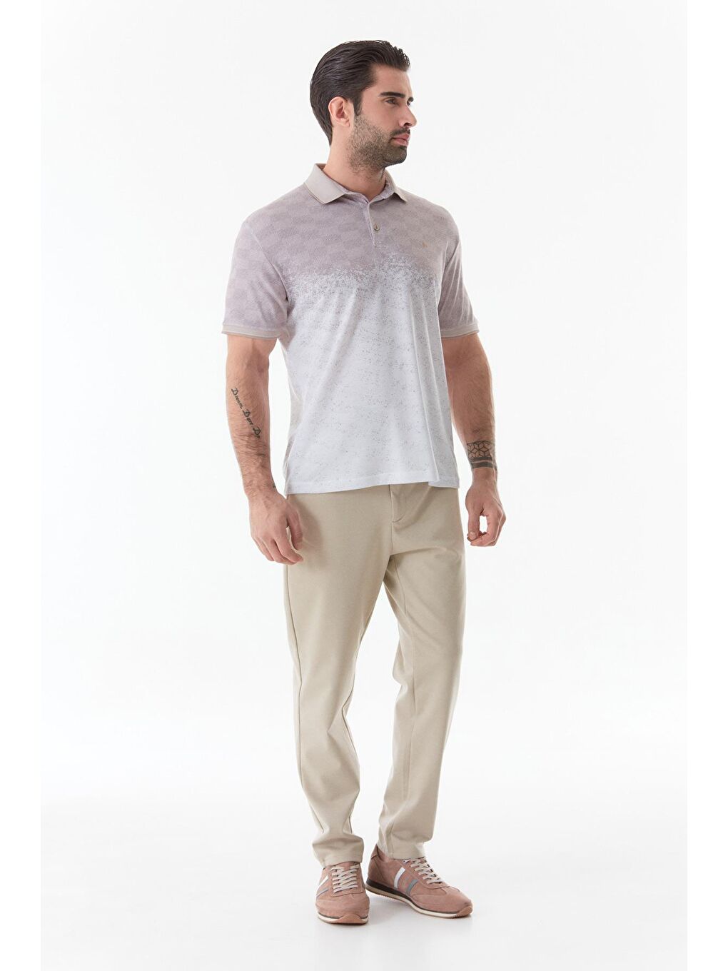 Bej Baskılı Polo Yaka Tişört-1