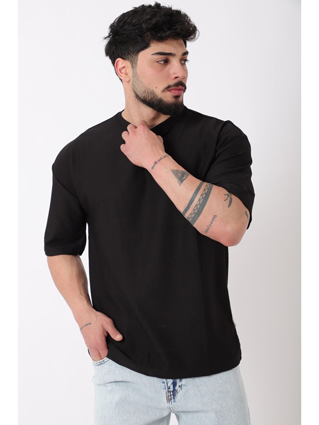 Siyah Çizgili Oversize Bisiklet Yaka %100 Pamuk Tişört STU-2452_30463-1